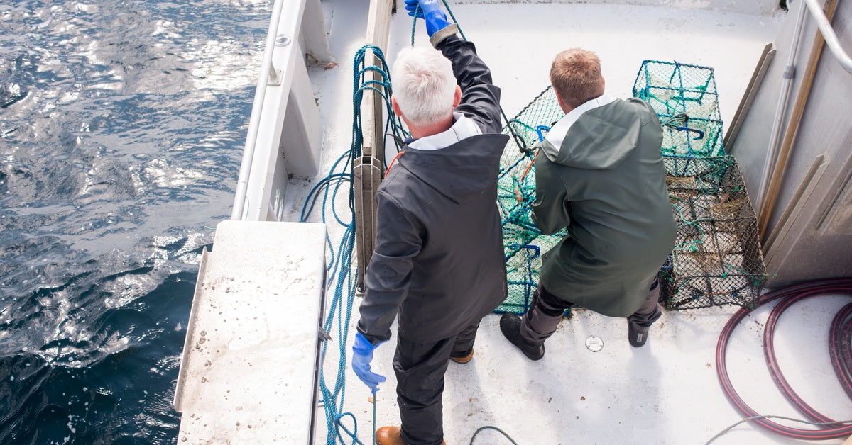 Two men on an older fishing vessel wearing jackets while pulling in cages to check if they’ve caught anything.