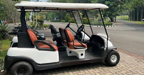 An empty four-passenger golf cart parked in front of a road with a line of trees in the background.