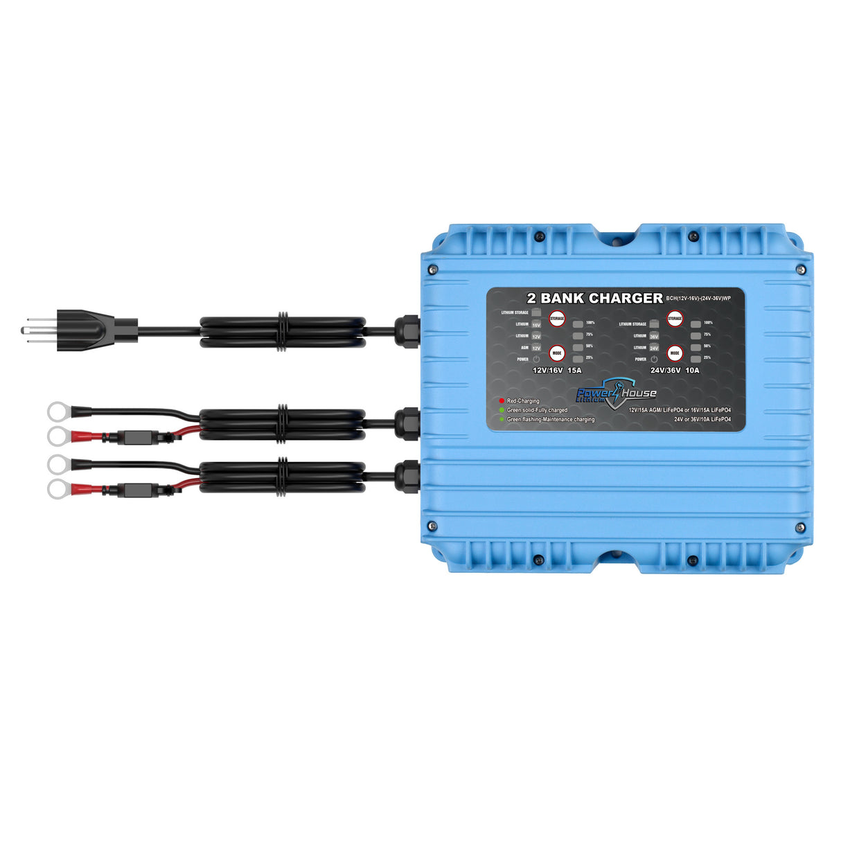 PowerHouse Lithium 12V-16V/24V-36V 2-Bank Waterproof Battery Charger