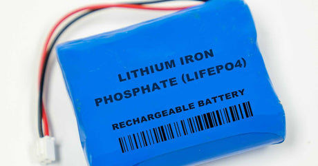 A blue battery contains the phrase "Lithium Iron Phosphate (LiFePO4) rechargeable battery" in black letters.