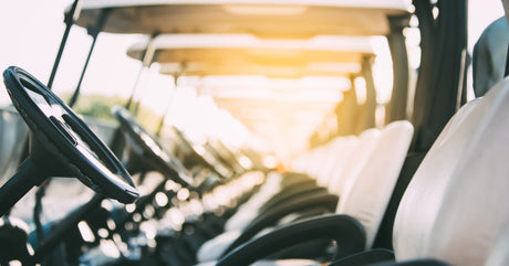 A long row of ready-to-use parked black-and-white golf carts as viewed through from driver-side seats.